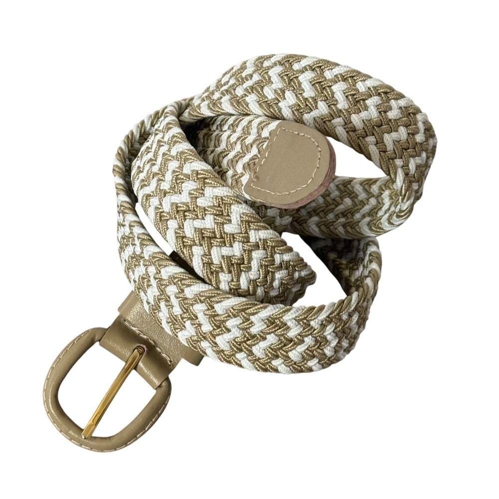 Braided Woven Belt Unisex Adult Size L XL Tan White Chevron Gold Buckle Nautical